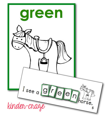 preview of printable poster for the color green with an image of a horse and sight word book page with sentence "I see a green horse"