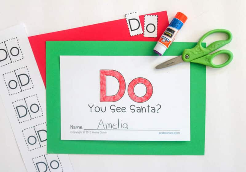 "Do You See Santa" sight word book cover with scissors, glue stick and cutting page