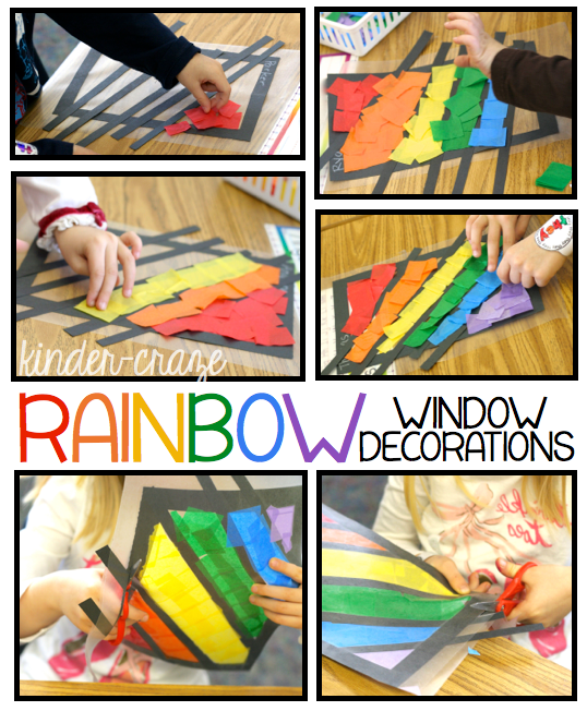 Rainbow window decorations made from contact paper and tissue paper
