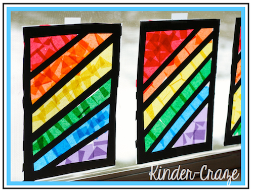 Rainbow window decorations made from contact paper and tissue paper