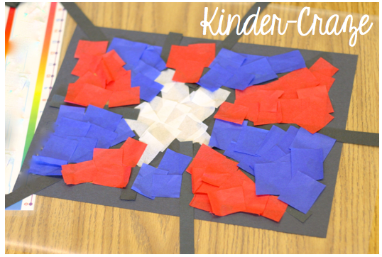 patriotic craft for kids made from red, white, and blue tissue paper squares, clear contact paper and black construction paper