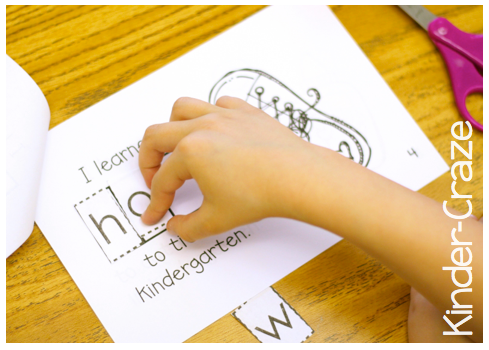 student gluing letters to spell sight word "how" in I learned how to be a kindergartener sight word book