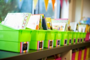 rainbow labels on book boxes for read to self