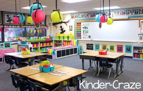 kindergarten classroom and library with bright colors