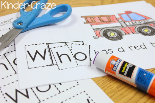 fire safety sight word reader on kindergarten desk with the letters of the word "who" glued down to complete the sentence "who has a red truck?"