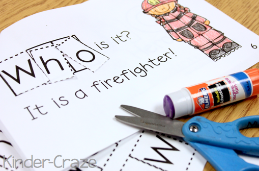 interactive sight word reader on child's desk with firefighter colored in crayon and the word "who" glued down to complete the sentence "who is it?"