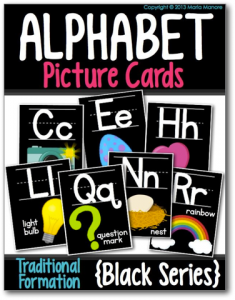 classroom alphabet cards with a bold black background