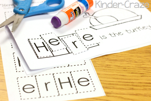 letters for the word "here" are glued into the thanksgiving activity book with a scissors and glue stick on top