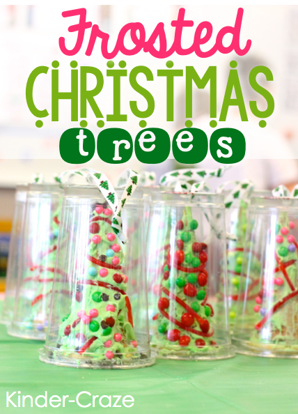 frosted christmas trees decorated with assorted candy siting inside clear plastic carrying cup "frosted christmas trees"