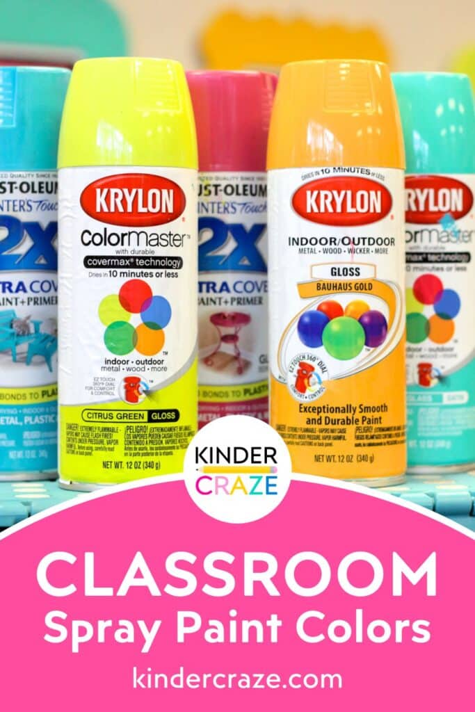 brightly colored cans of blue, lime, pink, orange and teal spray paint colors that pair perfectly with bright classroom decor