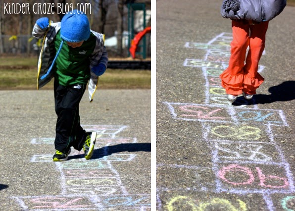 students outside jump on hopscotch squares written with chalk to practice skip counting