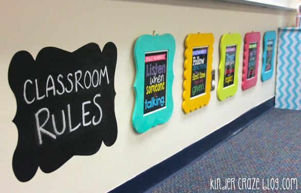 kindergarten classroom rules posters displayed on wall in colorful picture frames