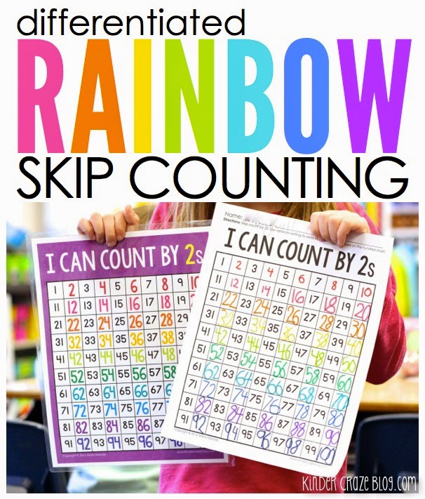 Student holding "I can count by 2s" work page and reference tool to show competed work "differentiated rainbow skip counting"