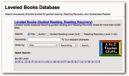 screen shot of a to z teacher stuff leveled book data base