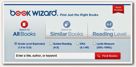 screen shot of scholastic book wizard website free book leveling tool