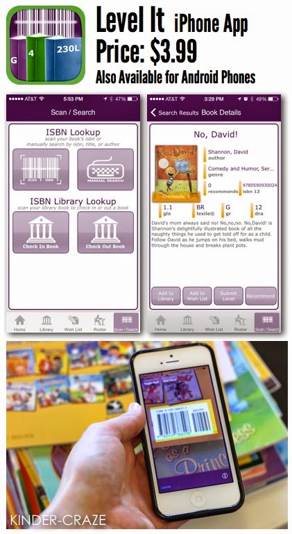 Screen shots of Level It app for Andriod and iPhones for $3.99, teacher using app to scan book barcode with phone
