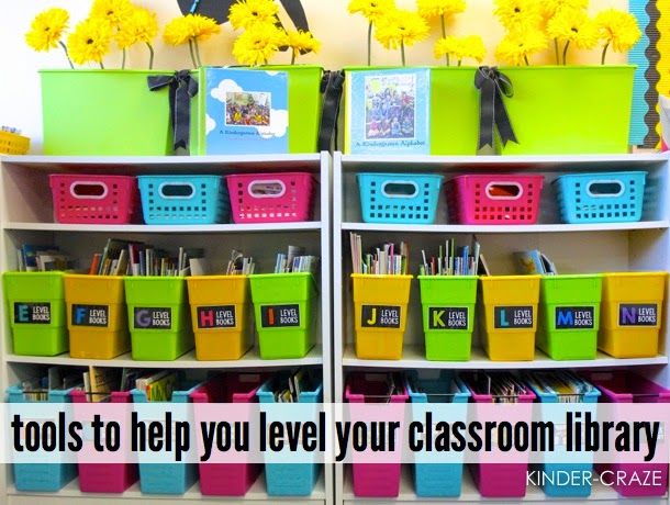 classroom library shelves with colorful book bins and organized with library labels "tools to help you level your classroom library"