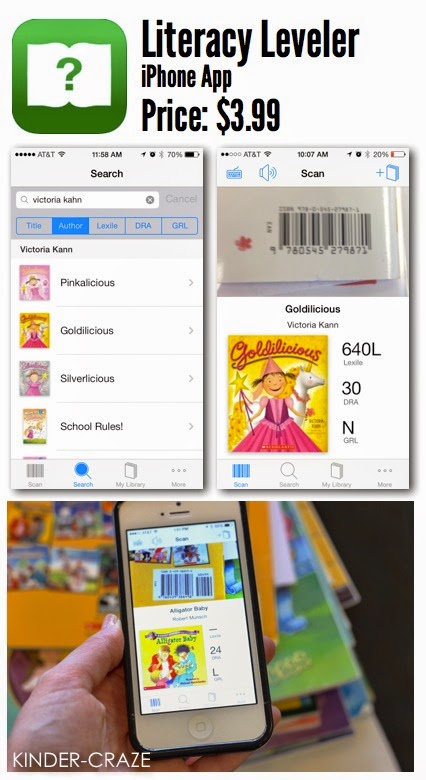 teacher scanning classroom library book with screenshots of Literacy Leveler app $3.99 to level classroom library books for iphone