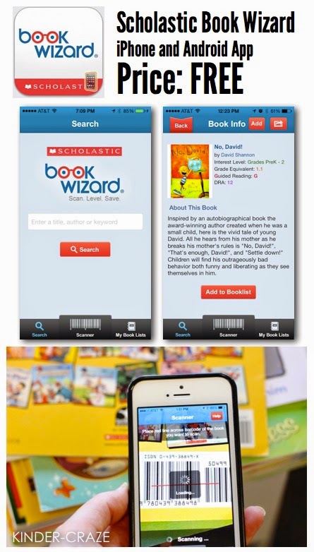 teacher scanning classroom library book with screenshots of free Scholastic Book Wizard app to level classroom library books for iphone and android