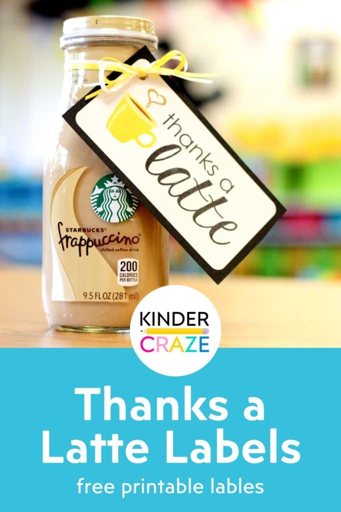 starbucks frapuccino drink with a free printable thank you label tied to the top of the bottle with the text "Thanks a Latte Labels" appearing beneath the photo