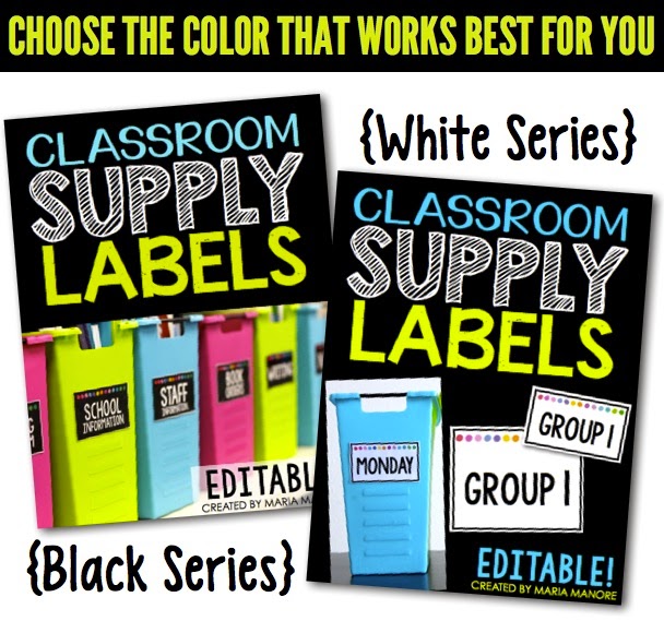printable, editable labels with black or white backgrounds to organize teacher and classroom school supplies