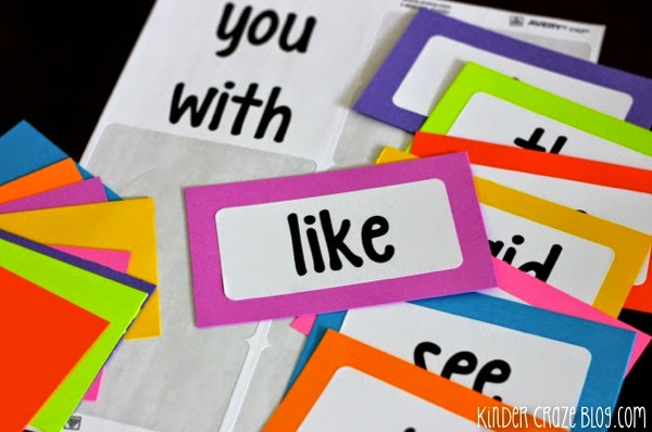 sight word labels with one "like" sight word label stuck to index card to create a sight word flashcard
