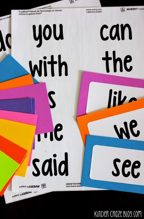 sight words printed onto avery labels and ready to stick onto brightly colored astrobrights index cards to create colorful sight word flashcards