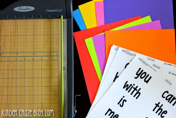 astrobrights paper, printable sight word labels and a paper cutter to your own colorful sight word flashcards