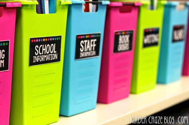 brightly colored bins labeled for teacher storage and organization
