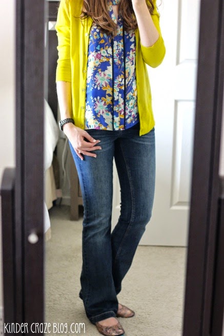 blue keyhole floral print blouse, chartreuse cardigan, and Kensie bootcut jeans from Stitch Fix