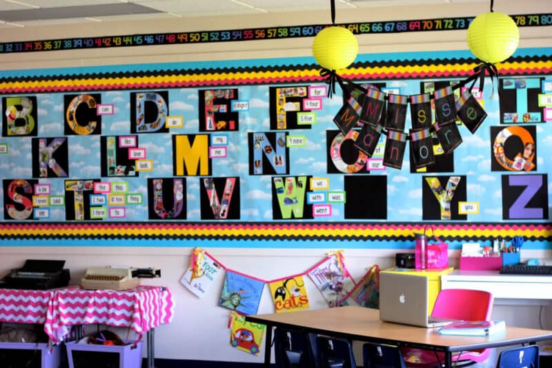 kindergarten classroom word wall with layered bulletin board borders and a brightly colored alphabet display
