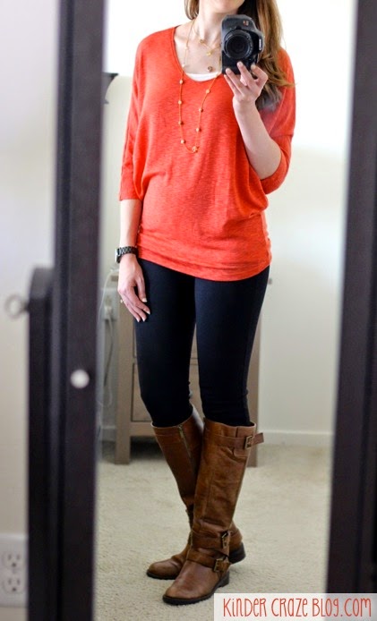 gorgeous orange dolman sleeve sweater from Stitch Fix dressed up with leggings, boots, and gold necklaces 