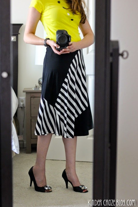 Sttich Fix Diana black and white Diagonal Striped Colorblocked swing skirt from Mystree paired with a bright yellow top and heels