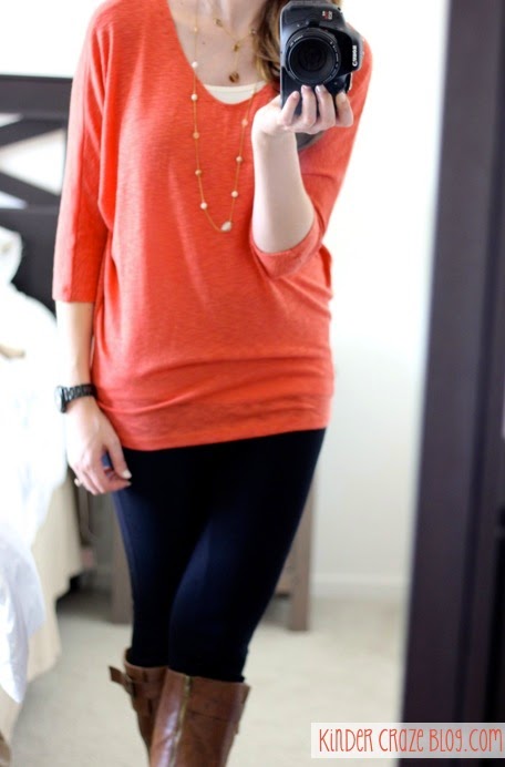 gorgeous orange dolman sleeve sweater from Stitch Fix dressed up with leggings, boots, and gold necklaces 