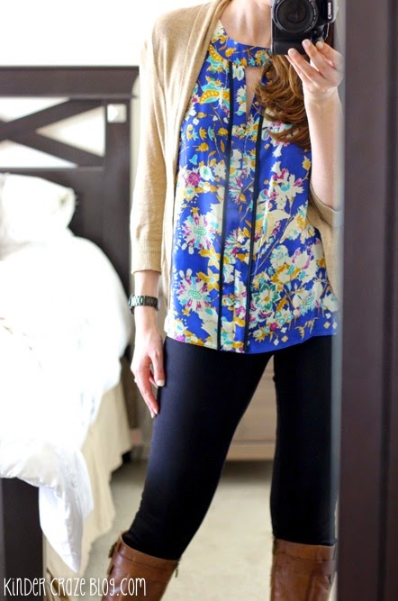 floral blouse, tan sweater, pixie pants from J Crew and brown boots = LOVE