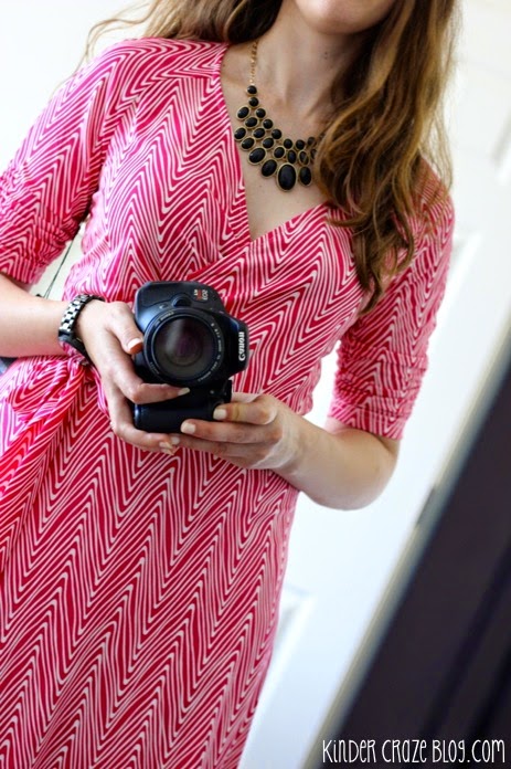 Stitch Fix pink Anabelle 3/4 Abstract Chevron Belted Dress from 41Hawthorn paired with a black bubble necklace