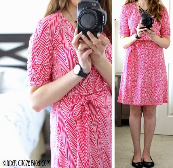 Stitch Fix pink Anabelle 3/4 Abstract Chevron Belted Dress from 41Hawthorn paired with flats and a black bubble necklace