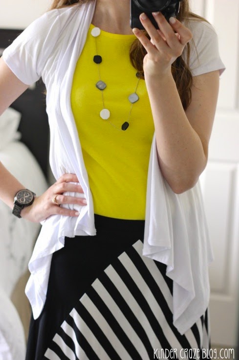 Sttich Fix Diana black and white Diagonal Striped Colorblocked swing skirt from Mystree paired with a bright yellow top and 41Hawthorn short sleeve cardigan
