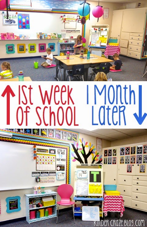 before and after photos of calendar and circle time area in a kindergarten classroom that wasn't fully decorated by the first day of school