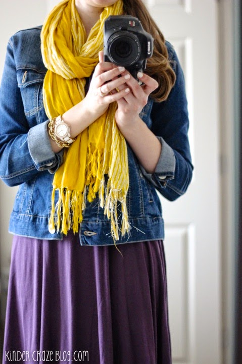 Stitch Fix denim jacket and plum dress with mustard scarf