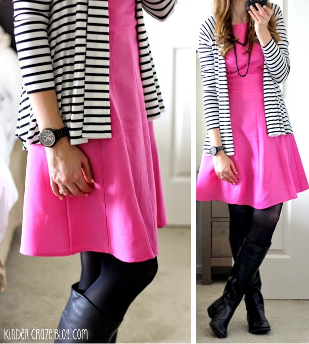 Clove twist back striped cardigan with a pink fit and flare dress and black boots from Stitch Fix #stitchfix