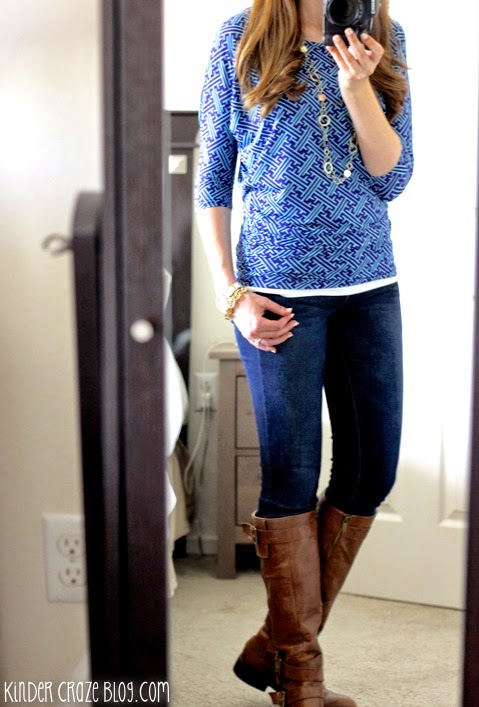 berneen printed dolman sleeve top from stitch fix with skinny jeans, brown boots, and gold jewelry #stitchfix