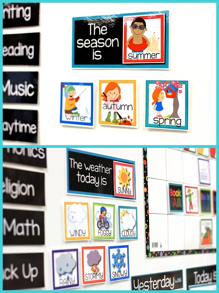 season and weather display on kindergarten classroom calendar