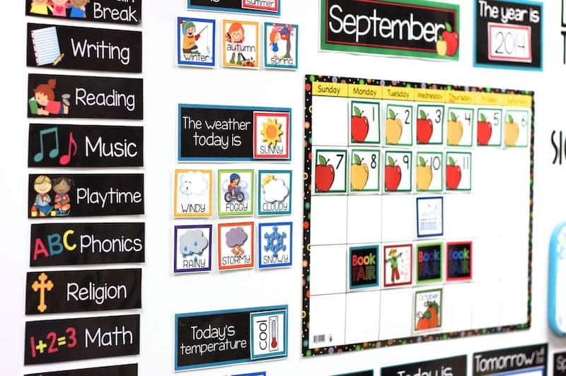 kindergarten classroom calendar set up for September with daily schedule, weather, seasons, temperature and patterned number cards