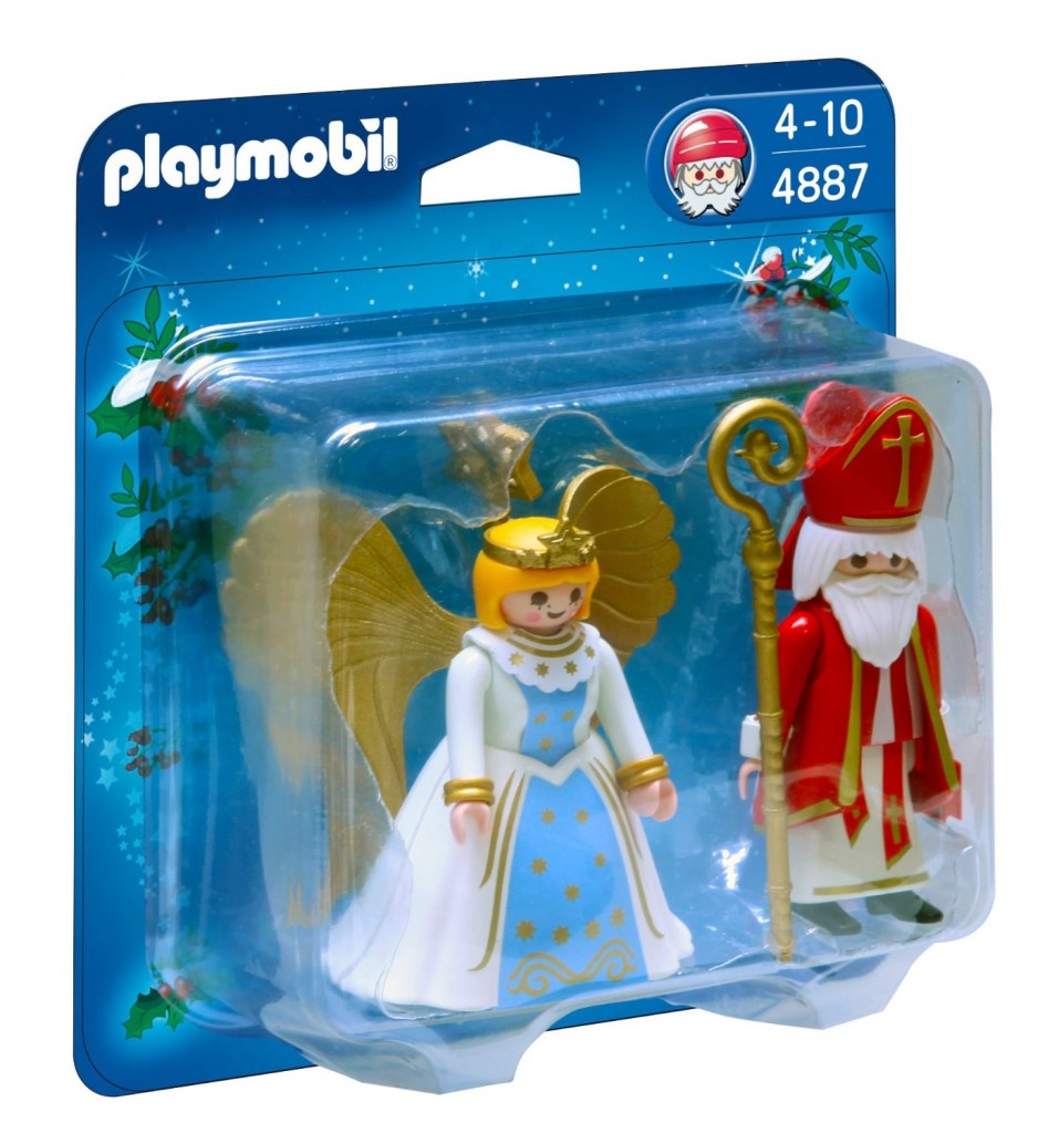 Box of Playmobil St. Nicolas action figures for kids containing one angel and one Saint Nicholas