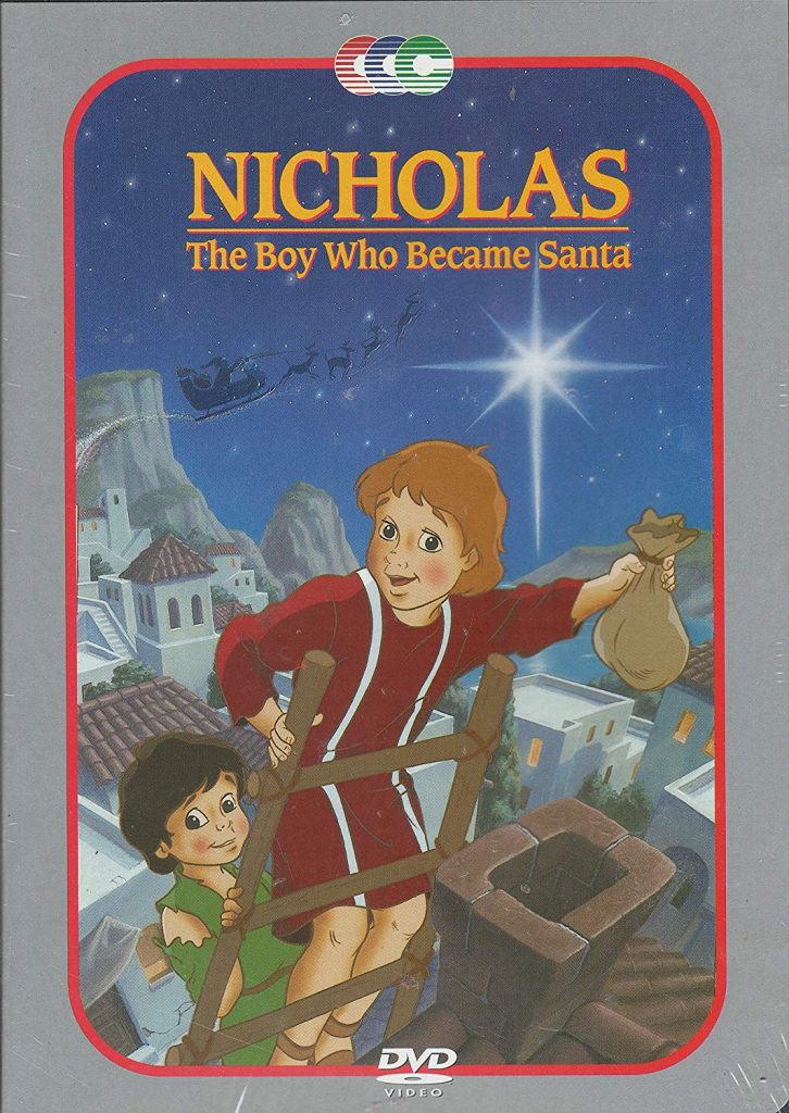DVD box depicts cartoon boy wearing climbing up ladder at night to drop small sack down chimney "Nicholas the boy who became santa"