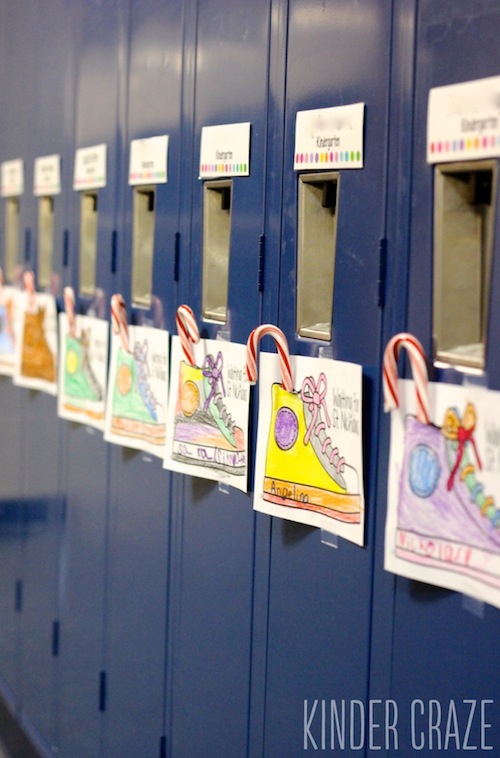 St. Nicholas Day shoes colored with crayon are taped to kindergarten lockers with candy canes placed into slit at the top of each shoe