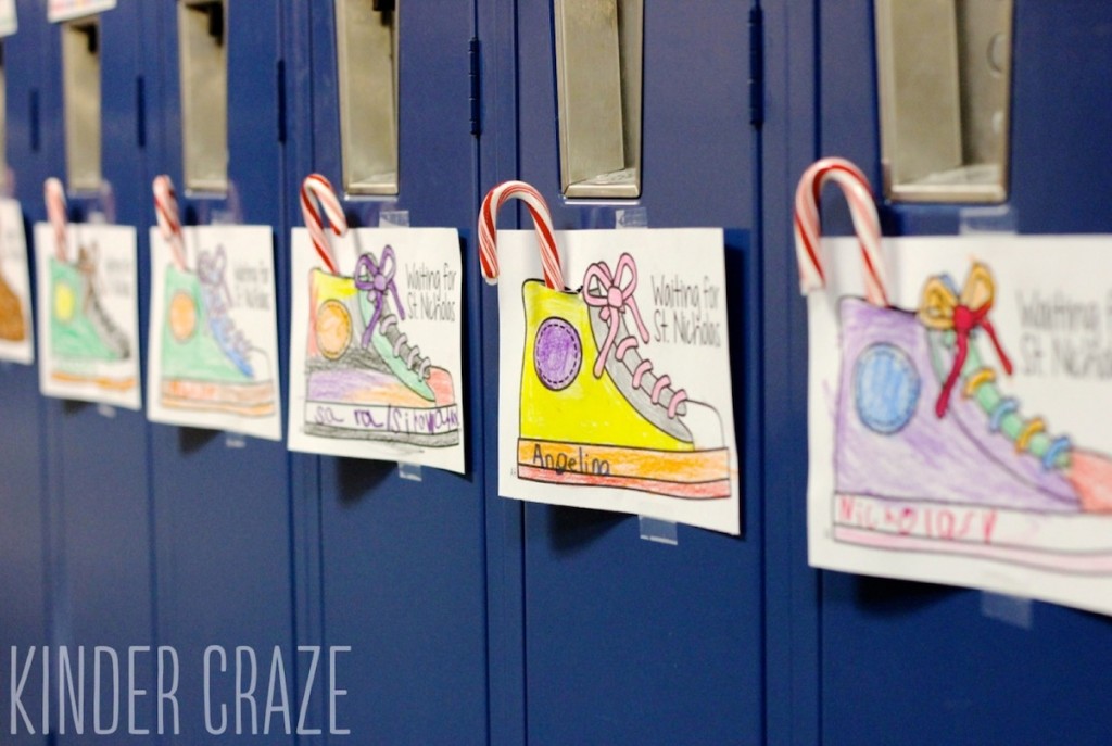 Printable St. Nicholas Day shoes colored by children hang on row of blue lockers with one candy cane attached to each