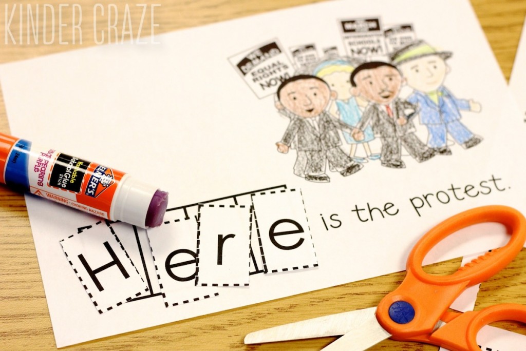 sight word book page colored neatly with the letters of the word "here" glued in order to complete the sentence "Here is the protest"