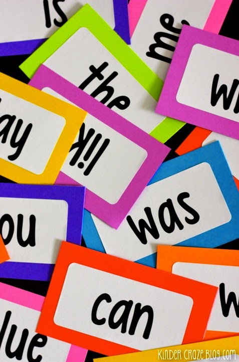 colorful sight word flashcards created with free printable labels and bright index cards
